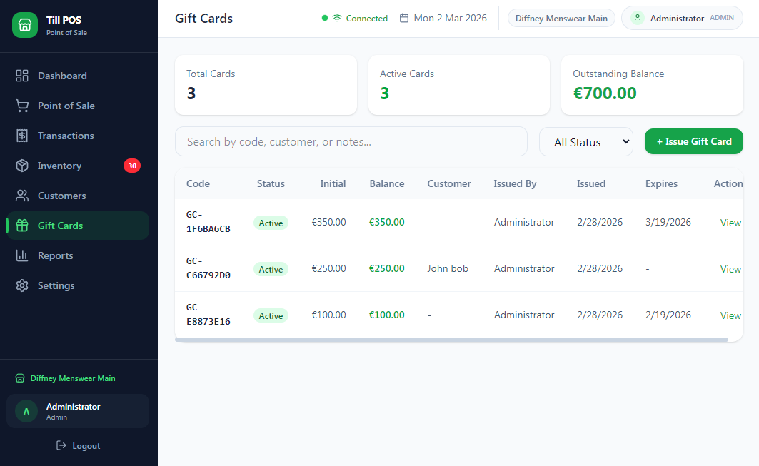 Customers and loyalty view