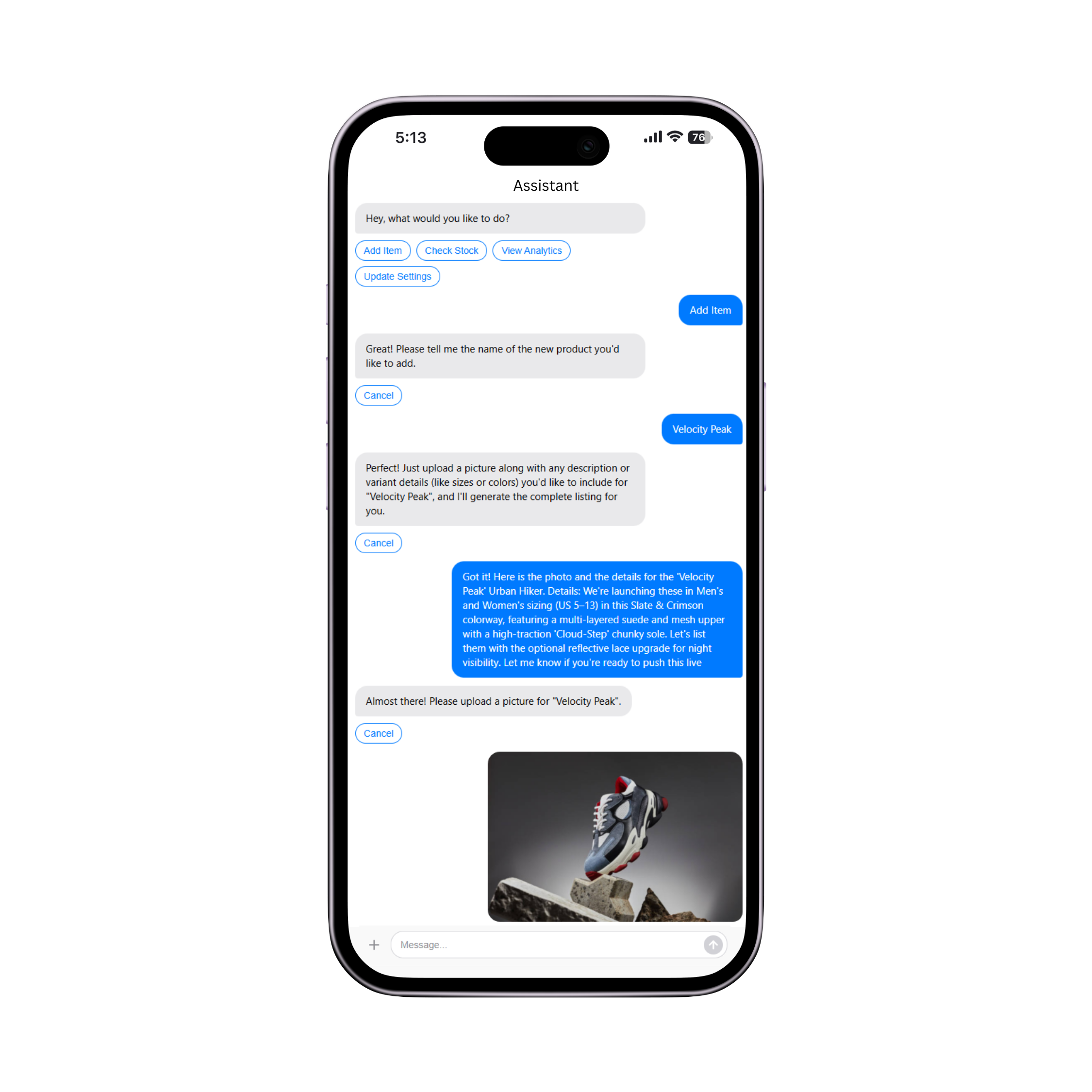 Product editing messaging interface